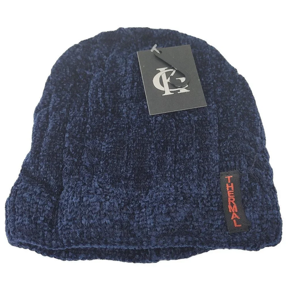 Women's Winter Thermal Fleece Knit Lined Beanie Hat, Blue